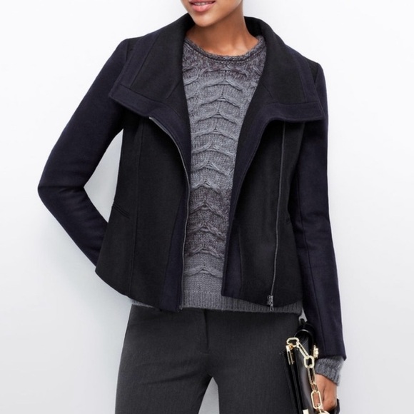Ann Taylor Black Navy Diagonal Zip Lined Wool Blend Jacket Coat Women’s Size 4 - Picture 2 of 8